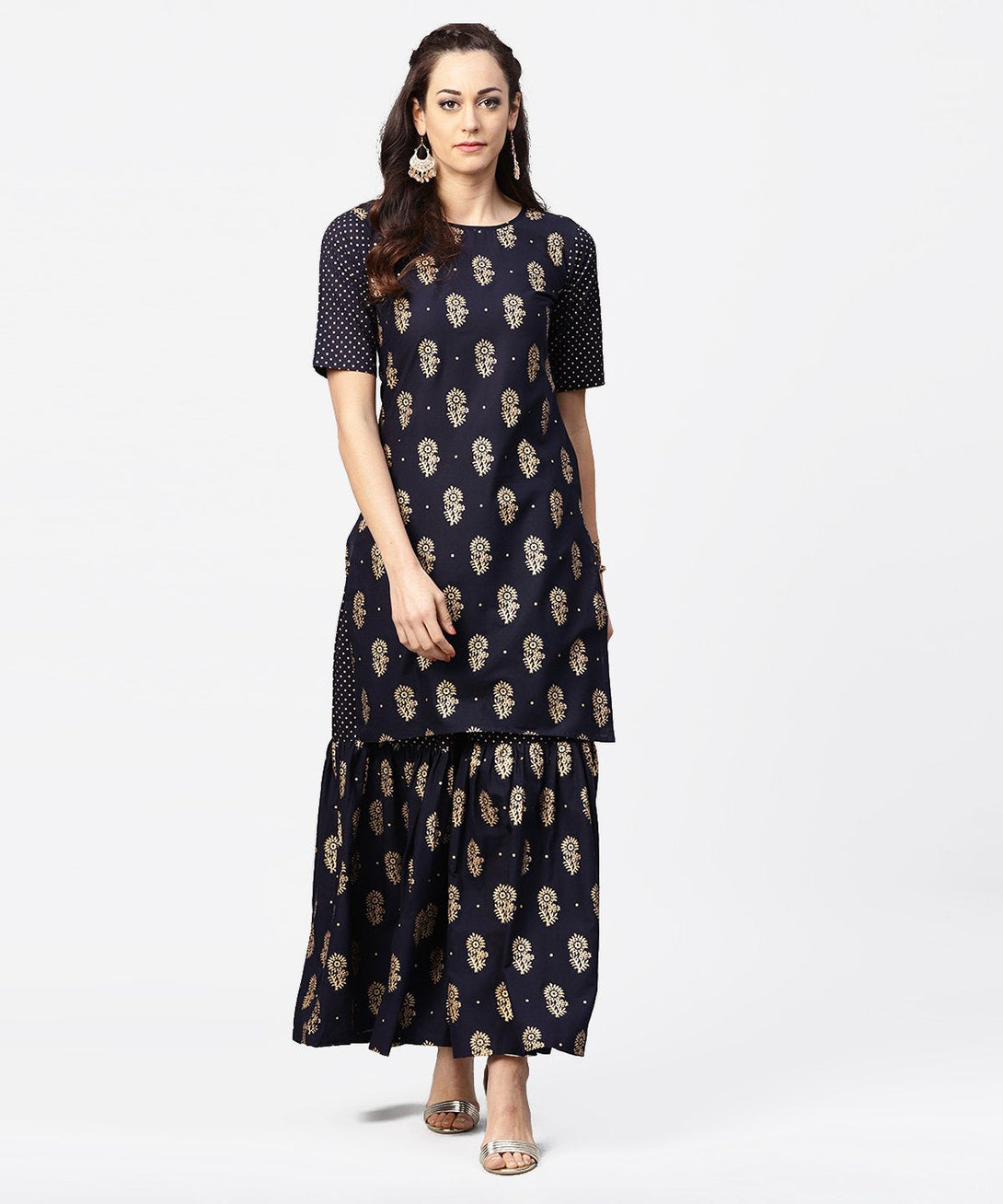 Women Navy blue printed half sleeve kurti with sharara | NOZ2TOZ - Made In INDIA.