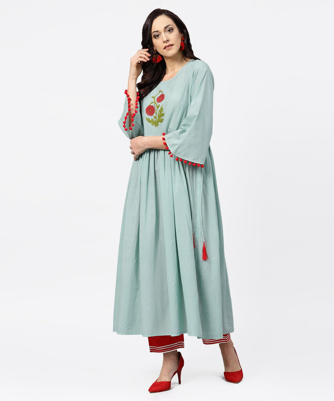 Powder blue 3/4th sleeve cotton anarkali kurta with red palazzo | NOZ2TOZ - Made In INDIA.