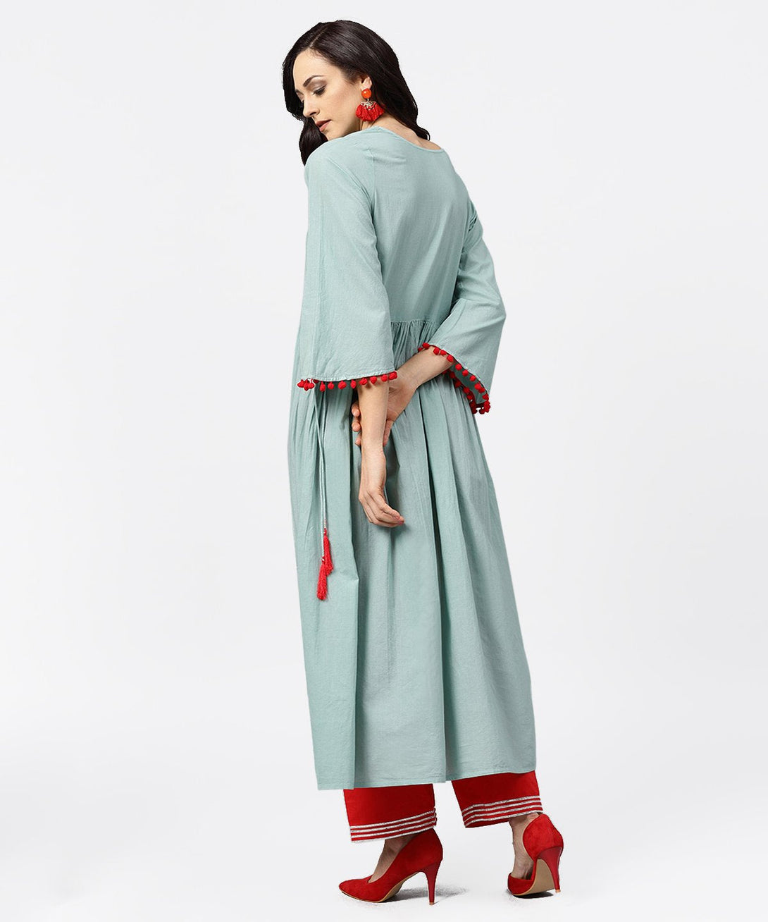 Powder blue 3/4th sleeve cotton anarkali kurta with red palazzo | NOZ2TOZ - Made In INDIA.