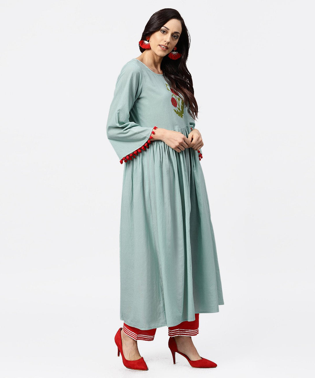 Powder blue 3/4th sleeve cotton anarkali kurta with red palazzo | NOZ2TOZ - Made In INDIA.