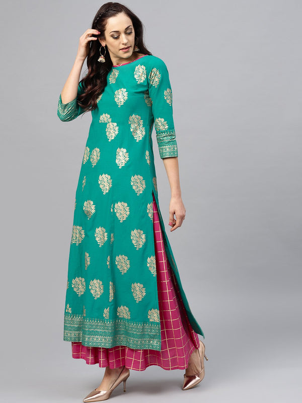 Green floral printed kurta Set with Checked Magenta skirt | NOZ2TOZ - Made In INDIA.