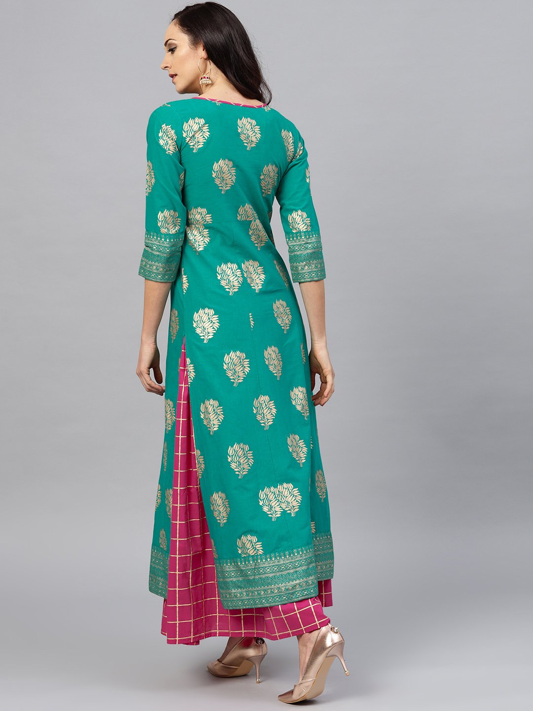 Green floral printed kurta Set with Checked Magenta skirt | NOZ2TOZ - Made In INDIA.