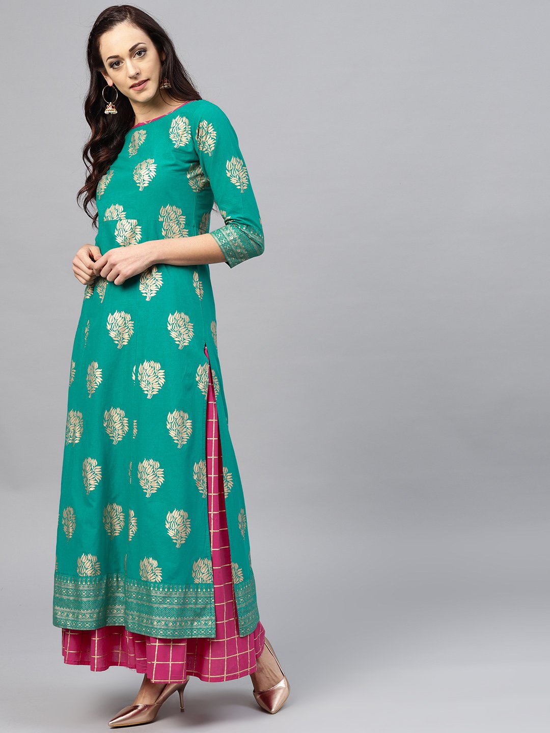 Green floral printed kurta Set with Checked Magenta skirt | NOZ2TOZ - Made In INDIA.