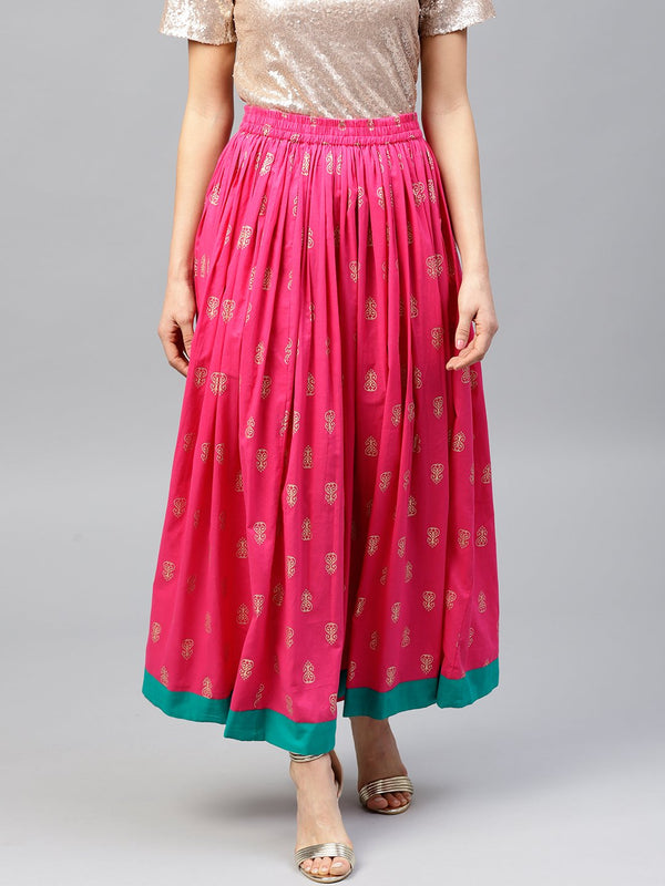 Magenta printed flared ankle length skirt | NOZ2TOZ - Made In INDIA.