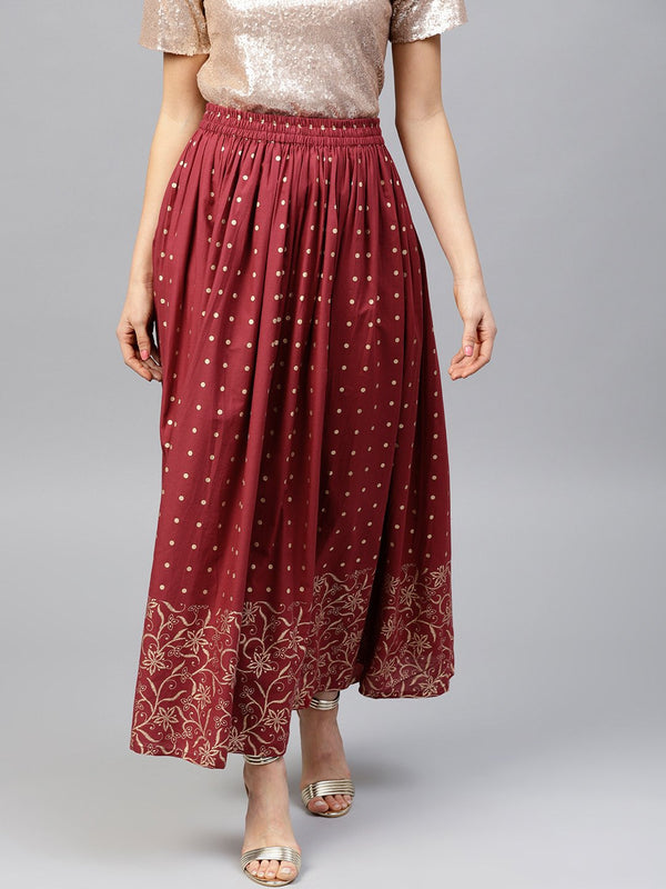 Maroon printed flared ankle length skirt | NOZ2TOZ - Made In INDIA.