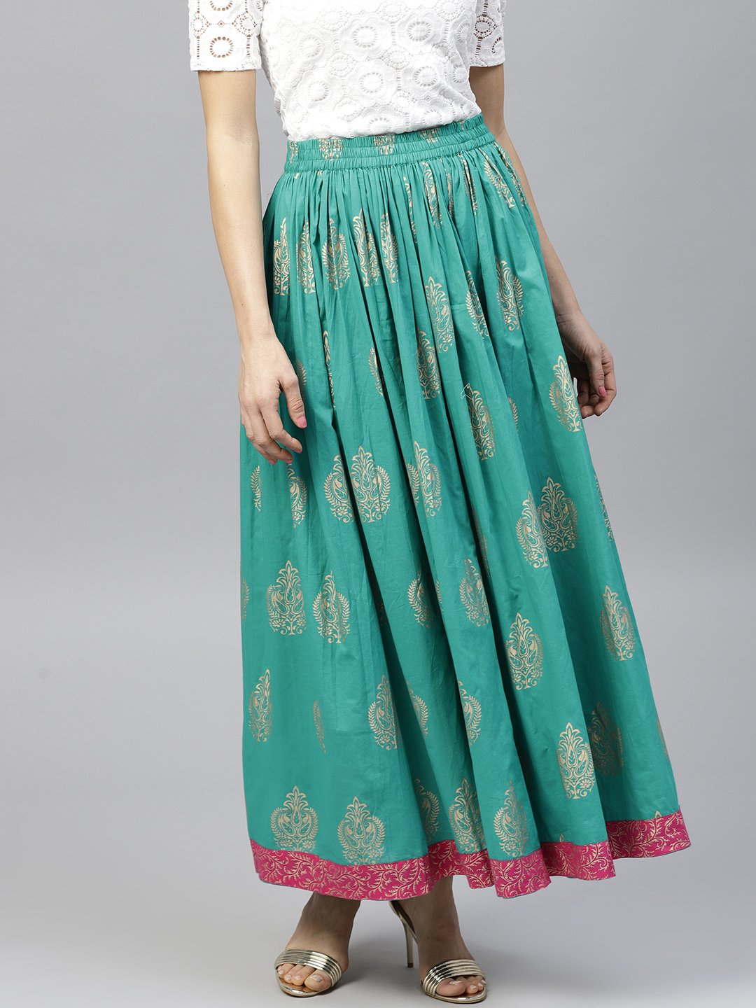 Green printed  flared ankle length skirt | NOZ2TOZ - Made In INDIA.