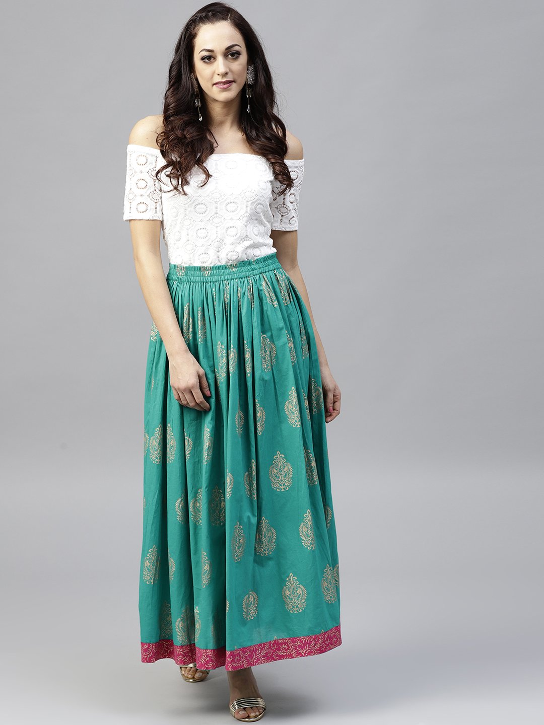 Green printed  flared ankle length skirt | NOZ2TOZ - Made In INDIA.