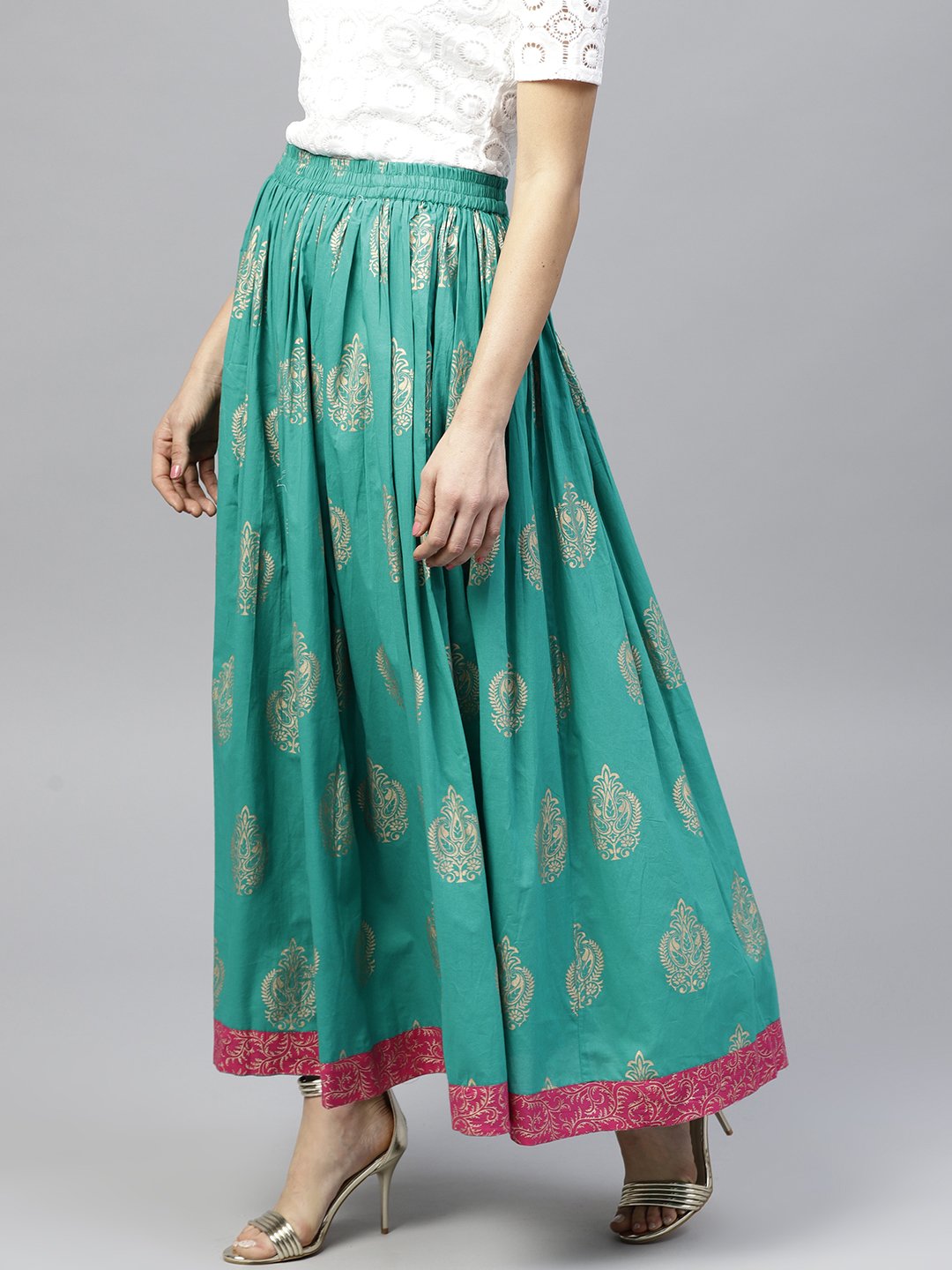 Green printed  flared ankle length skirt | NOZ2TOZ - Made In INDIA.