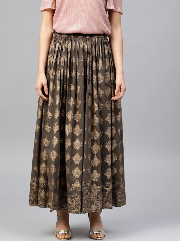 Mud brown printed flared ankle length skirt | NOZ2TOZ - Made In INDIA.