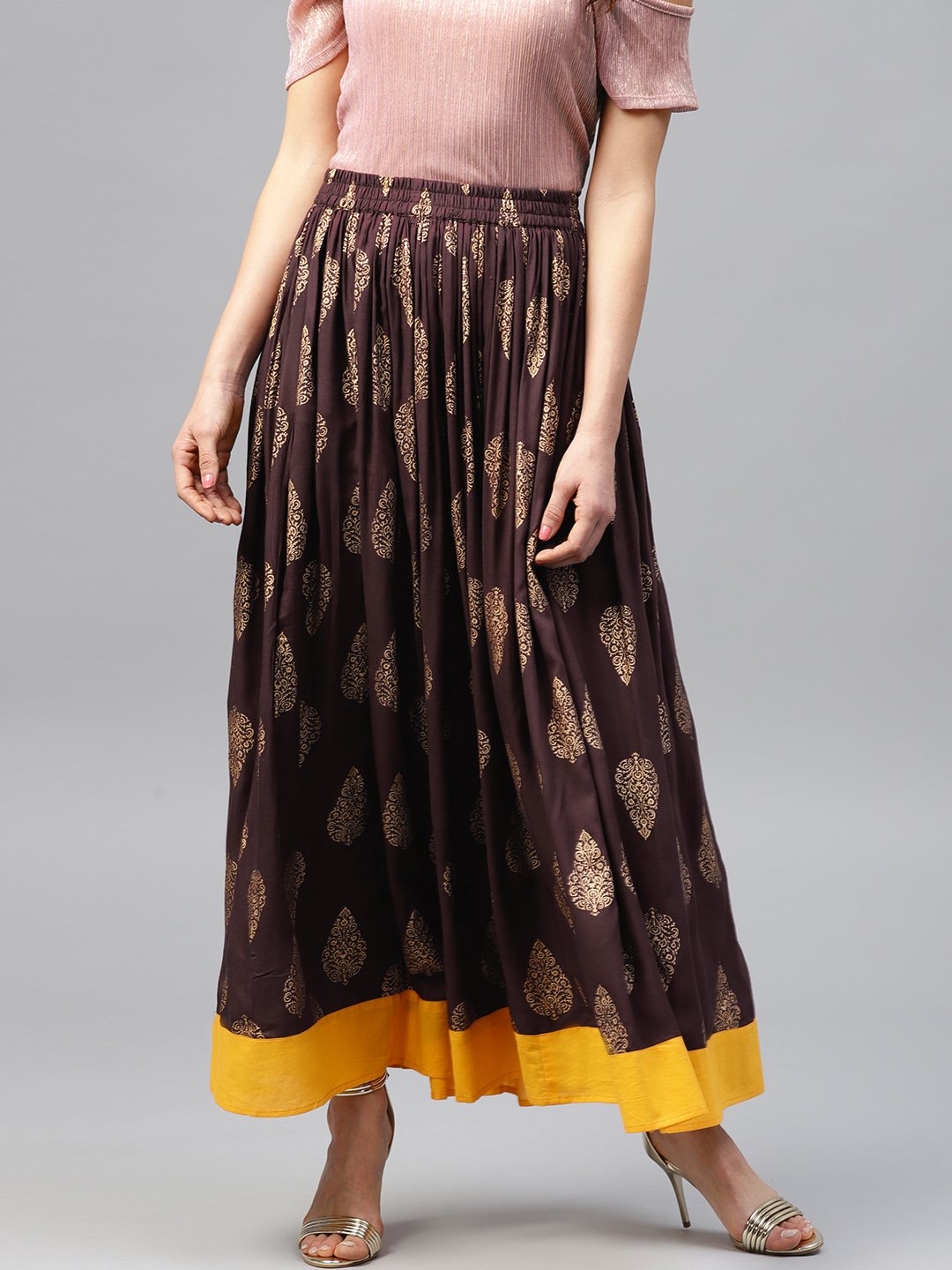 Chocolate brown printed flared skirt | NOZ2TOZ - Made In INDIA.