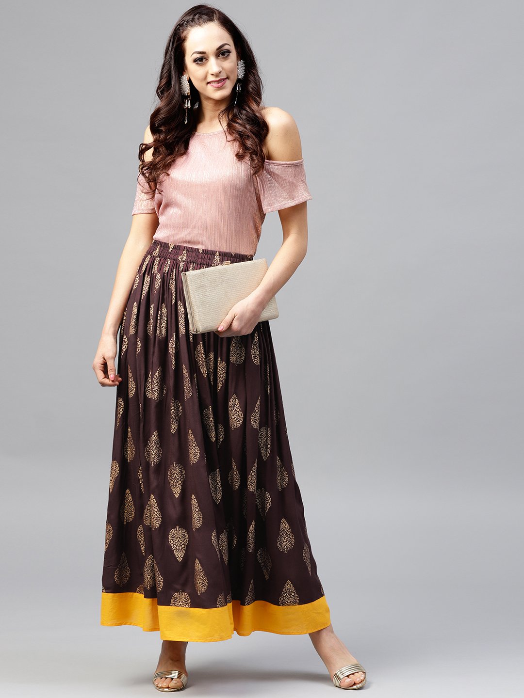 Chocolate brown printed flared skirt | NOZ2TOZ - Made In INDIA.