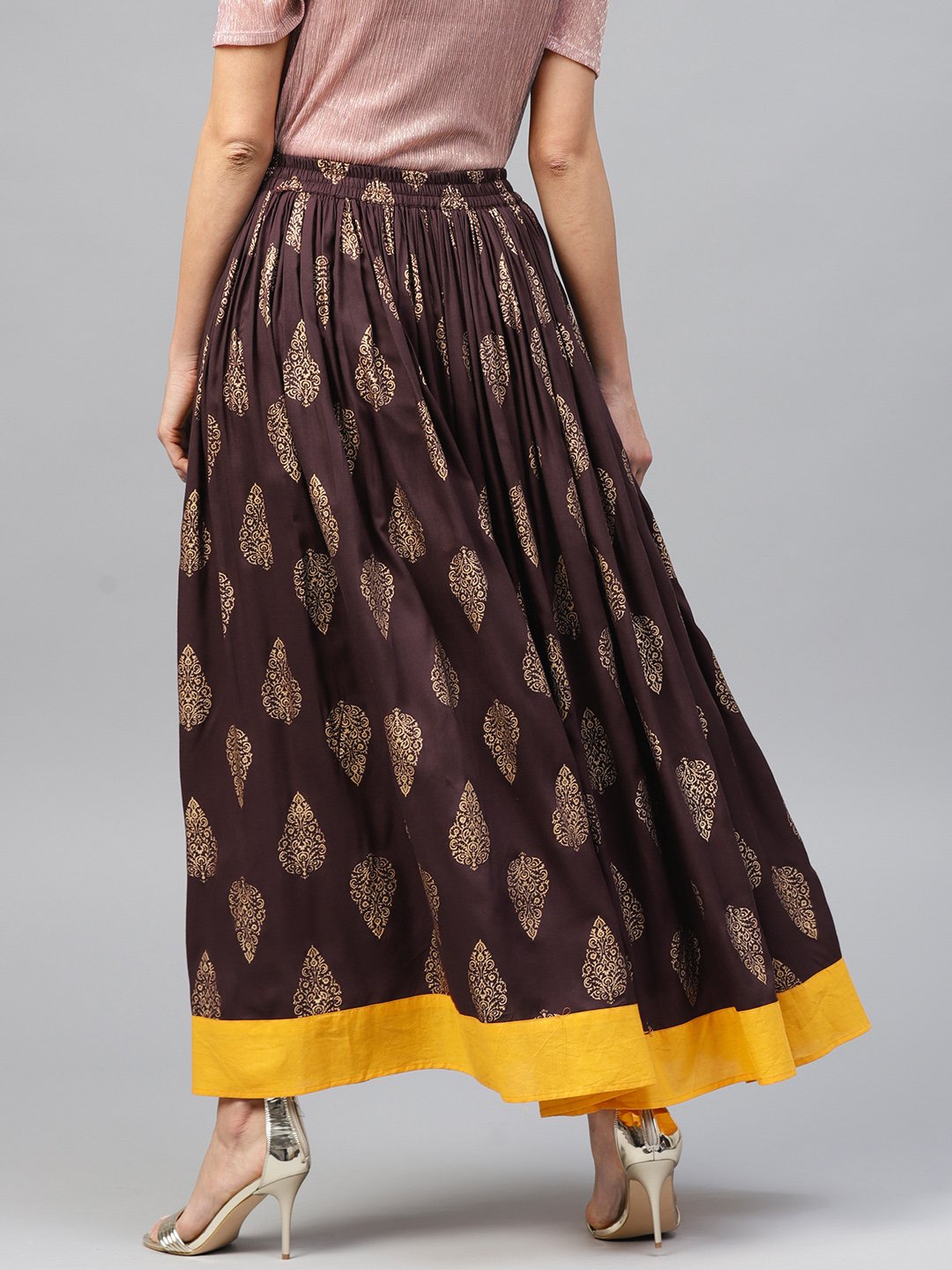 Chocolate brown printed flared skirt | NOZ2TOZ - Made In INDIA.