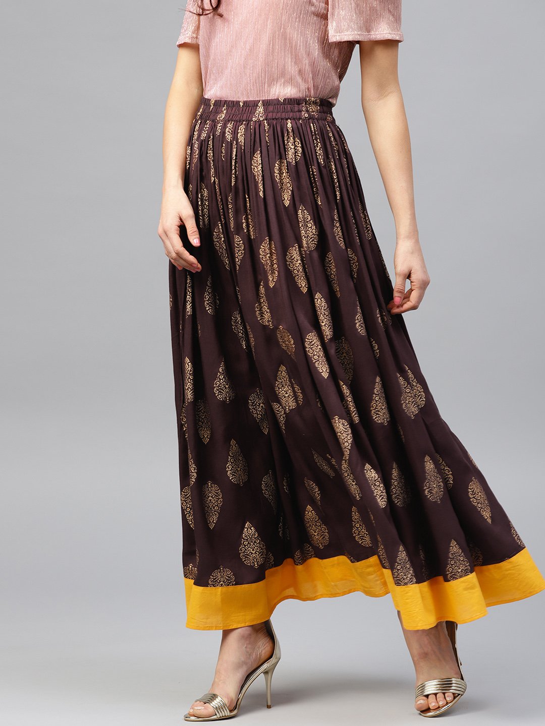 Chocolate brown printed flared skirt | NOZ2TOZ - Made In INDIA.