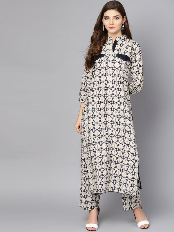 Women Off White Printed 3/4th sleeve cotton kurta with ankle length Palazzo | NOZ2TOZ - Made In INDIA.