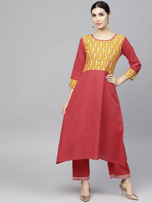 Round neck Red printed 3/4th sleeve cotton kurta set with Printed Masturd Palazzo | NOZ2TOZ - Made In INDIA.