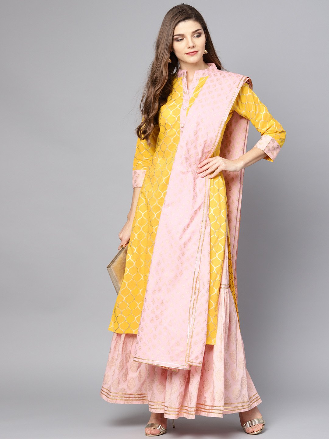 Women Yellow printed kurta set with Peach Printed Palazzo and Dupatta | NOZ2TOZ - Made In INDIA.