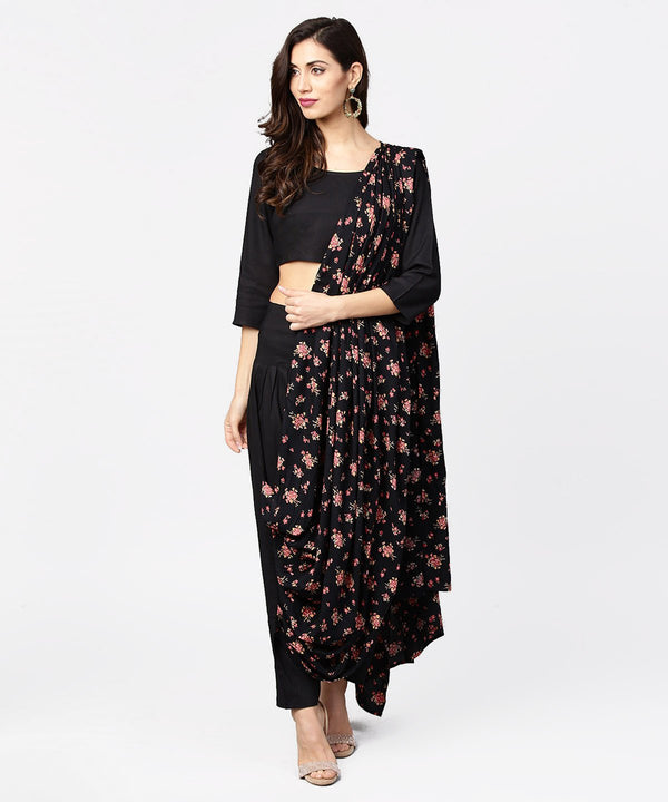 Black printed palazzo saree with 3/4th sleeve round neck blouse | NOZ2TOZ - Made In INDIA.