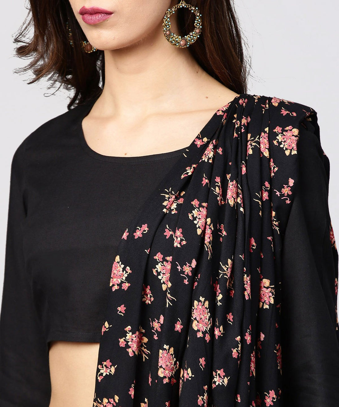 Black printed palazzo saree with 3/4th sleeve round neck blouse | NOZ2TOZ - Made In INDIA.