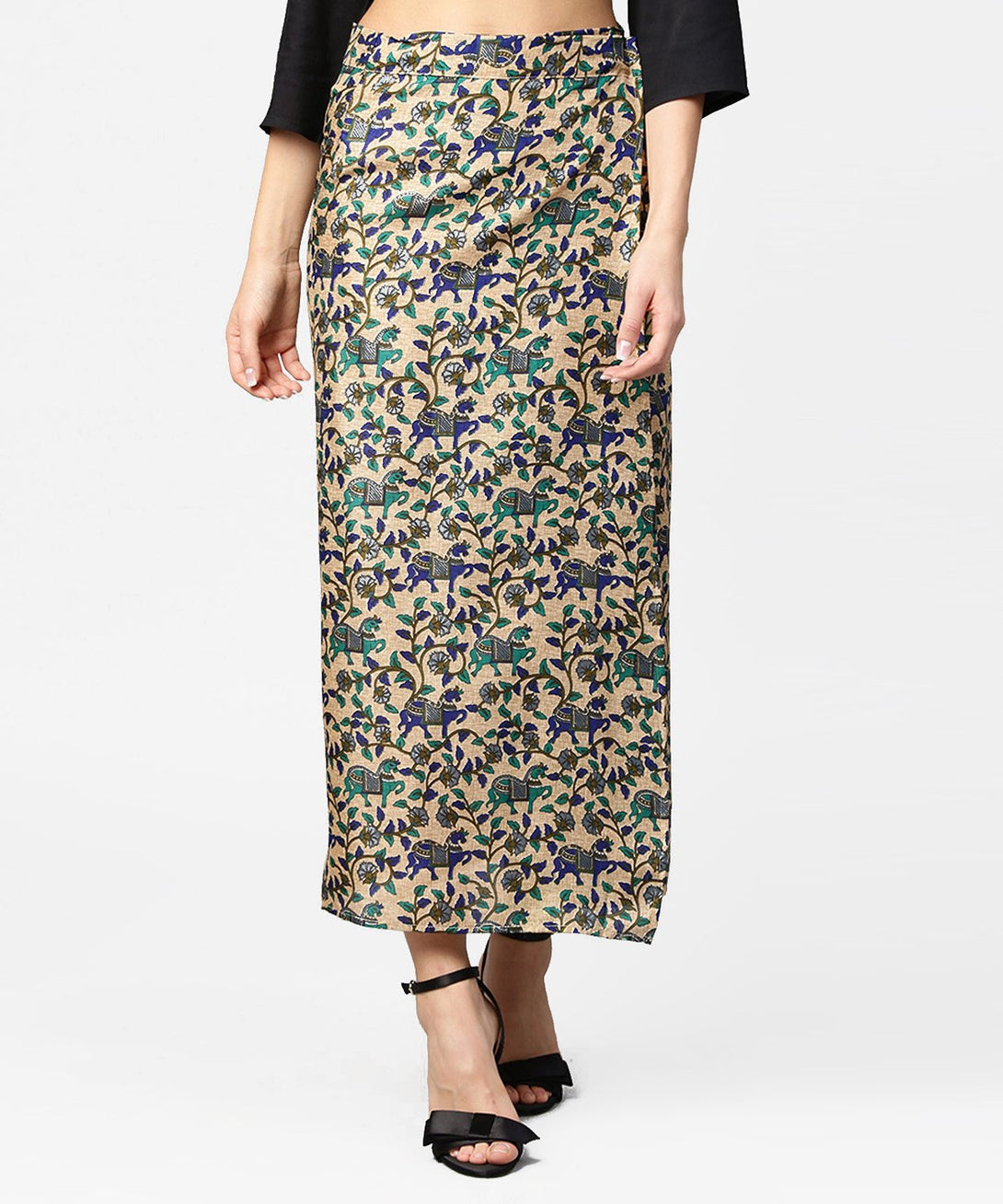 Beige printed midi cotton straight skirt | NOZ2TOZ - Made In INDIA.