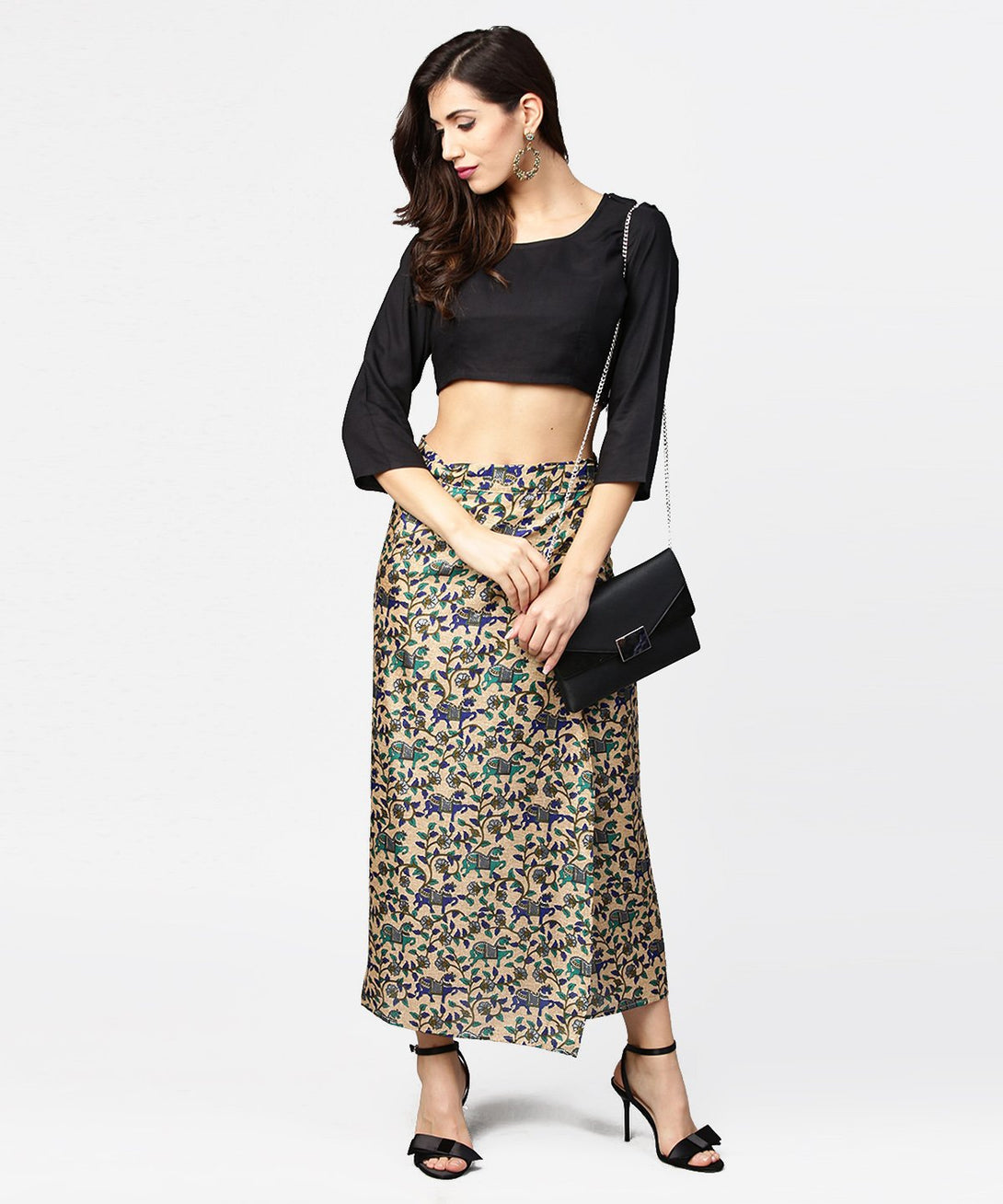 Beige printed midi cotton straight skirt | NOZ2TOZ - Made In INDIA.