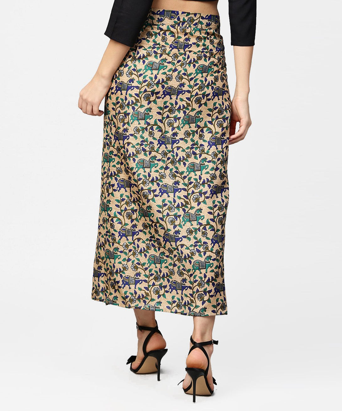 Beige printed midi cotton straight skirt | NOZ2TOZ - Made In INDIA.