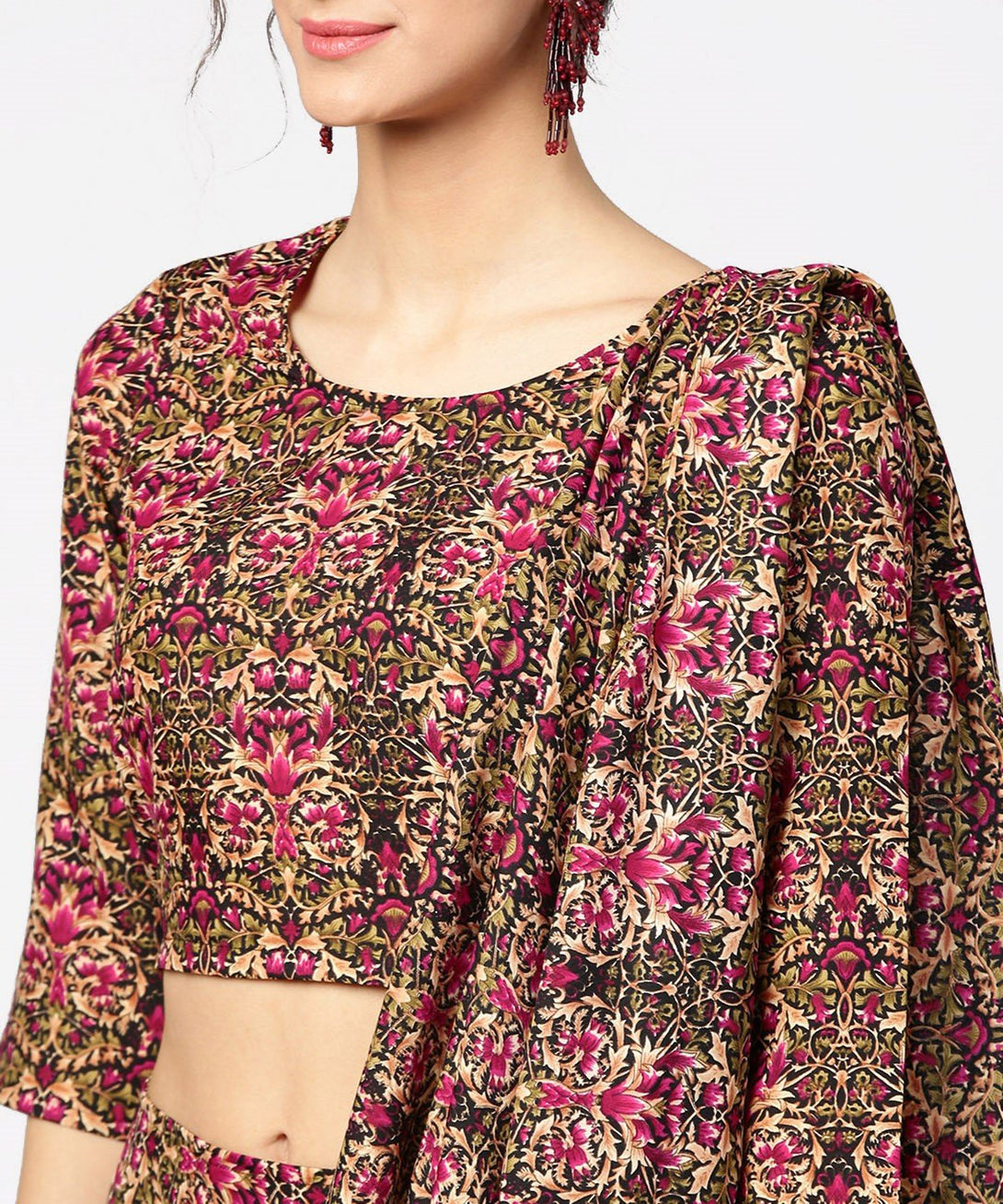 Green & Pink printed palazzo saree & 3/4th sleeve round neck blouse | NOZ2TOZ - Made In INDIA.