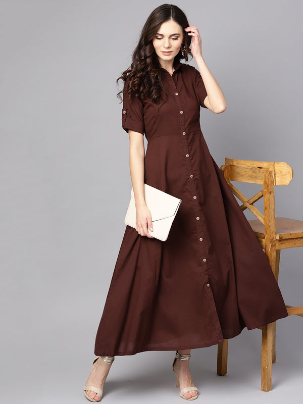 Solid Chocolate Brown Maxi Dress with Shirt Collar & 3/4 sleeves | NOZ2TOZ - Made In INDIA.