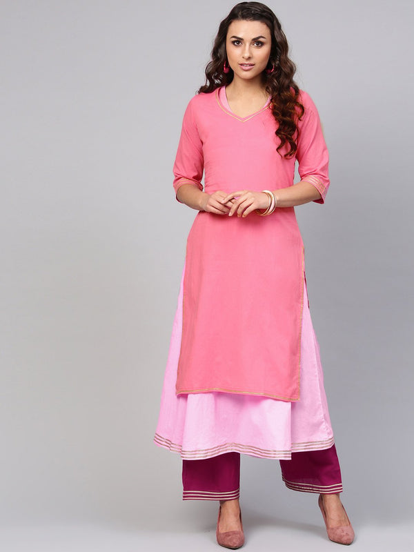 Solid pink half sleeve double kurta with ankle length palazzo | NOZ2TOZ - Made In INDIA.