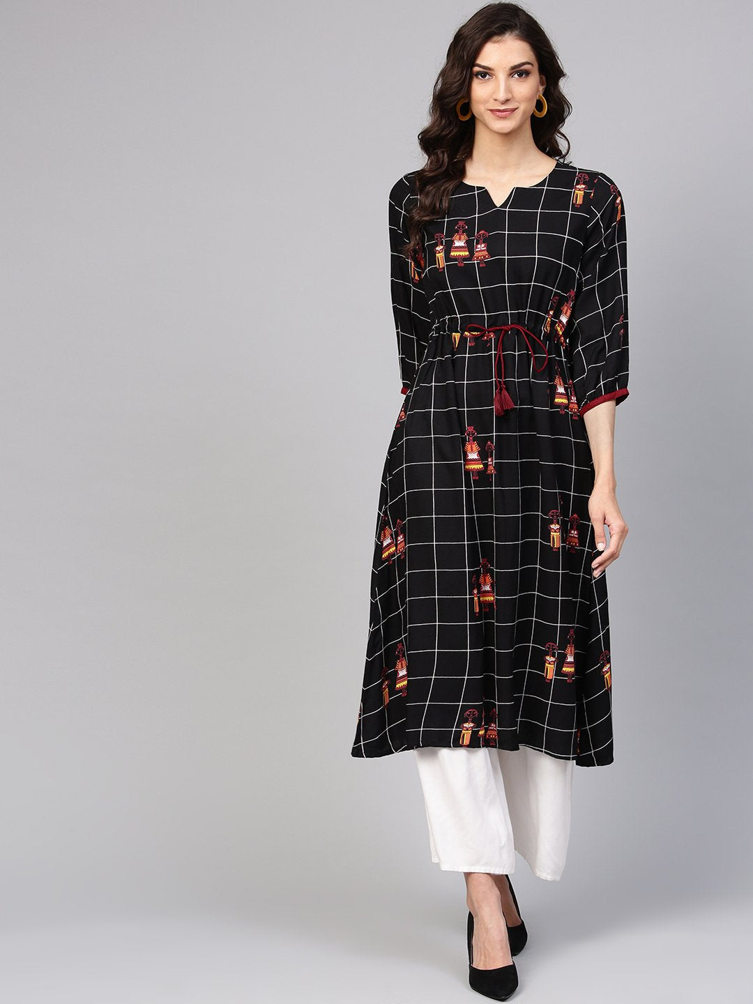 Black check printed kurta with multi colored human figure motifs | NOZ2TOZ - Made In INDIA.