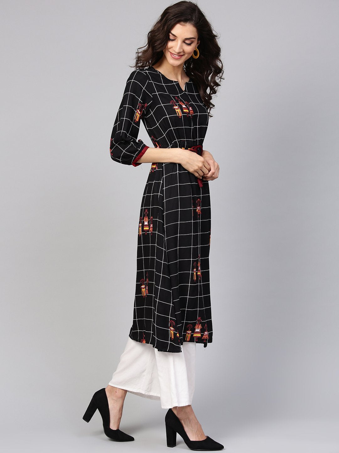 Black check printed kurta with multi colored human figure motifs | NOZ2TOZ - Made In INDIA.