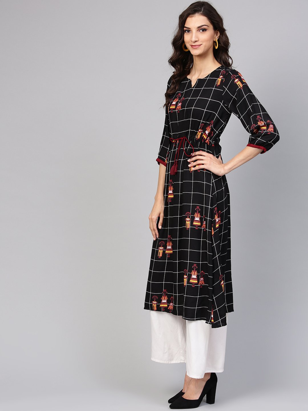 Black check printed kurta with multi colored human figure motifs | NOZ2TOZ - Made In INDIA.