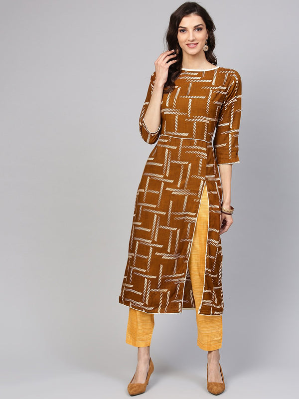 Dark Brown Printed Kurta Set with Contrasting Yellow Pants | NOZ2TOZ - Made In INDIA.