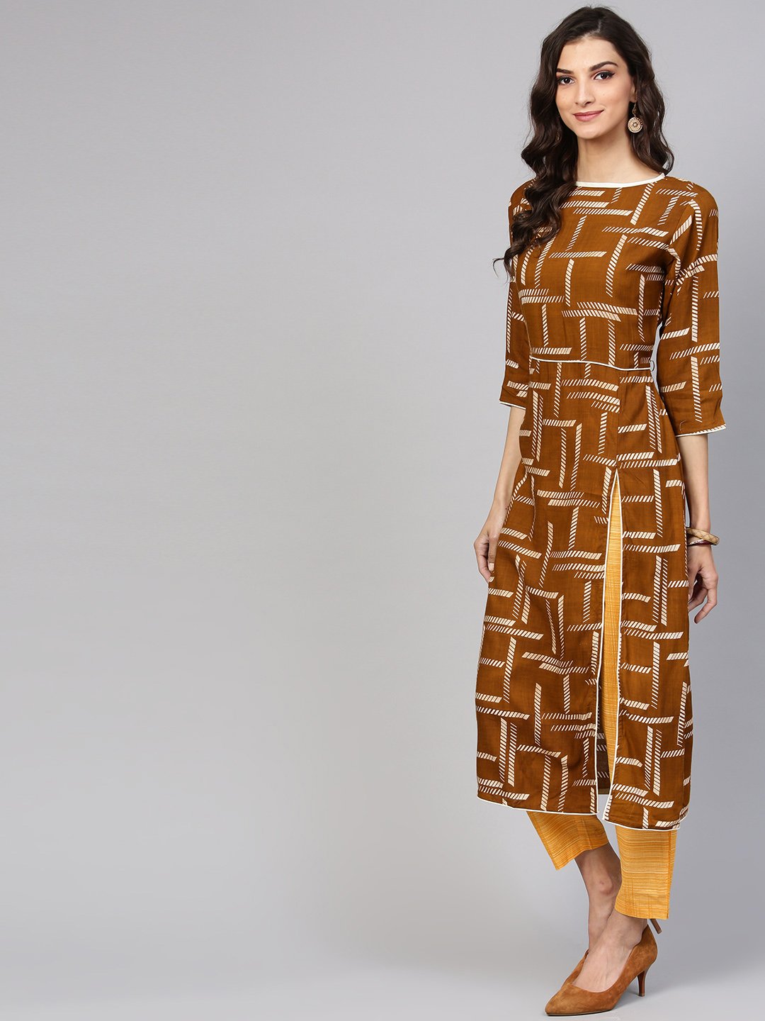 Dark Brown Printed Kurta Set with Contrasting Yellow Pants | NOZ2TOZ - Made In INDIA.