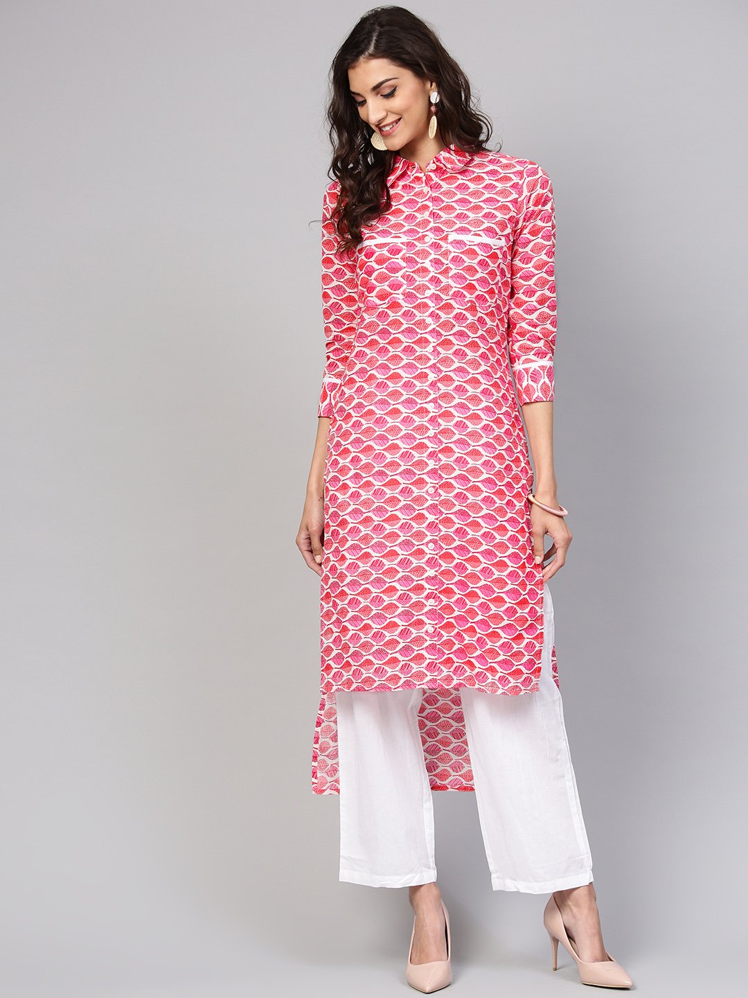 Leaf Printed pink 3/4th sleeve Kurta set with White Palazo | NOZ2TOZ - Made In INDIA.