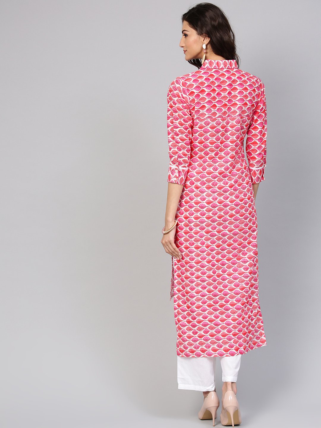 Leaf Printed pink 3/4th sleeve Kurta set with White Palazo | NOZ2TOZ - Made In INDIA.