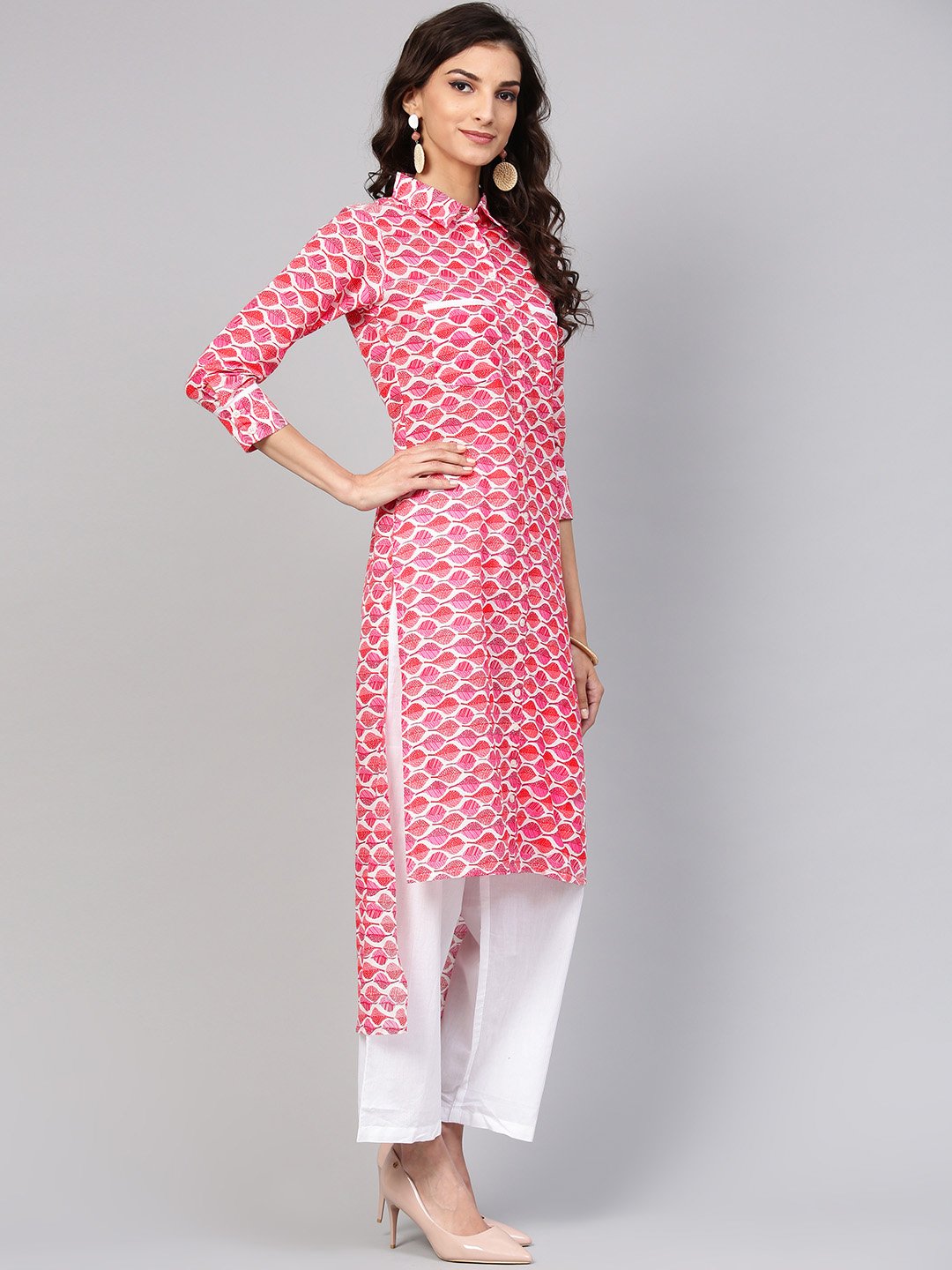 Leaf Printed pink 3/4th sleeve Kurta set with White Palazo | NOZ2TOZ - Made In INDIA.