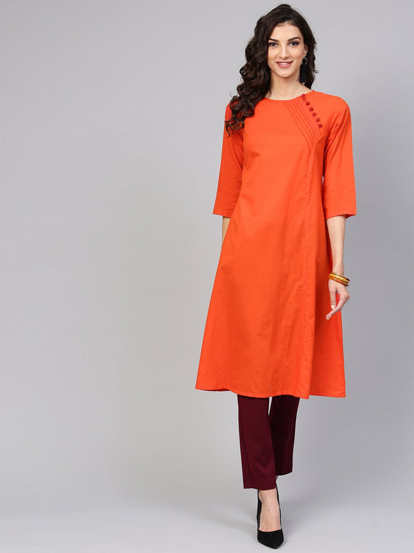 Solid Orange Kurta with Side Placket & 3/4th sleeve | NOZ2TOZ - Made In INDIA.