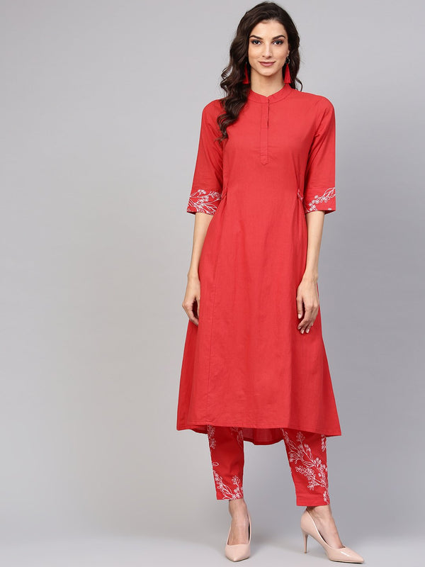 Solid Red Kurta With Detailed Printed sleeves & Pants | NOZ2TOZ - Made In INDIA.