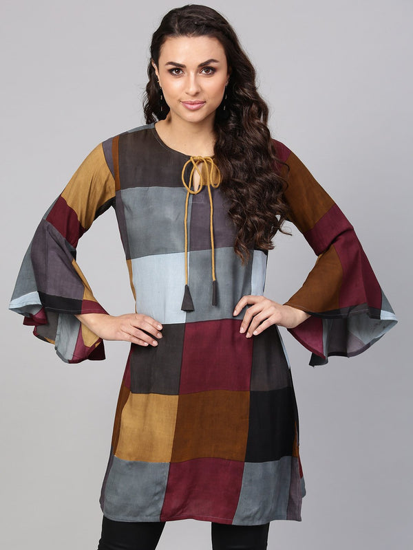 Multi-Colored Checked Tunic Key hole neck & Bell Sleeves | NOZ2TOZ - Made In INDIA.