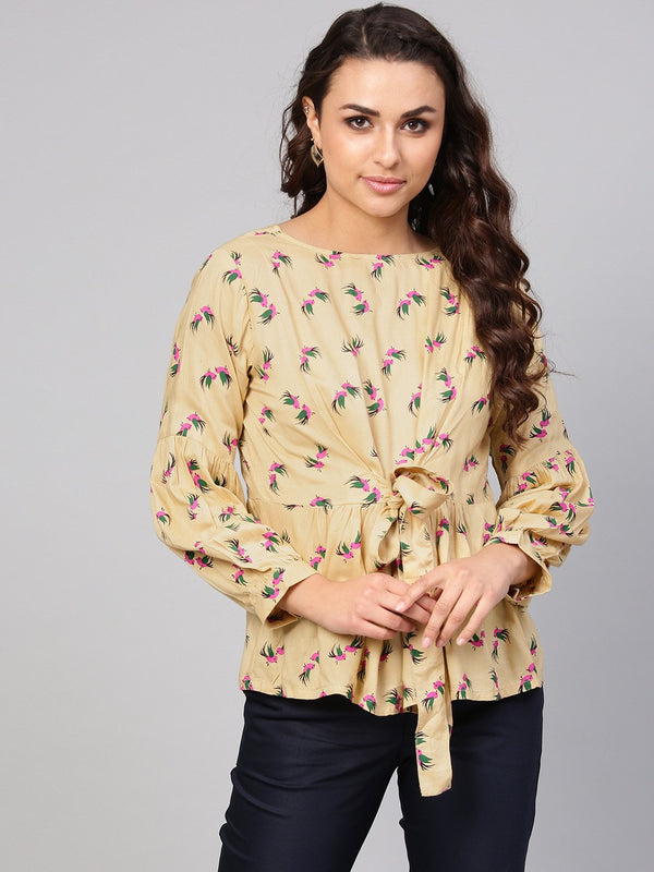 Beige Multi Colored Printed Knot style Top with Round neck | NOZ2TOZ - Made In INDIA.