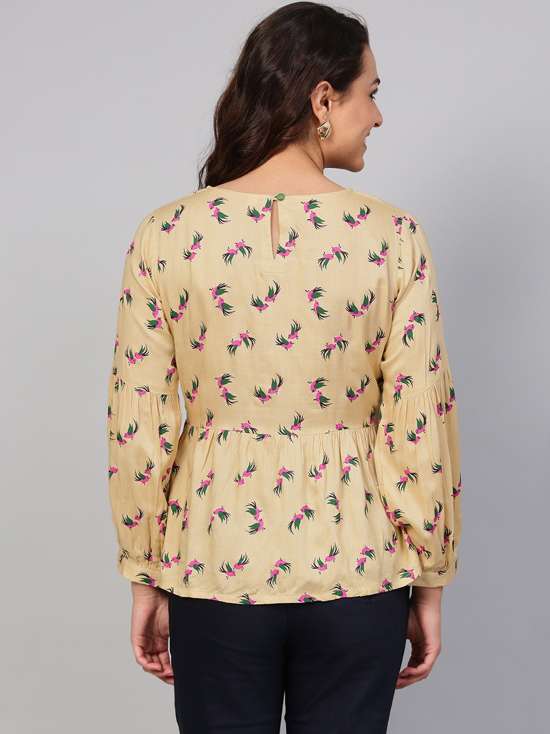 Beige Multi Colored Printed Knot style Top with Round neck | NOZ2TOZ - Made In INDIA.