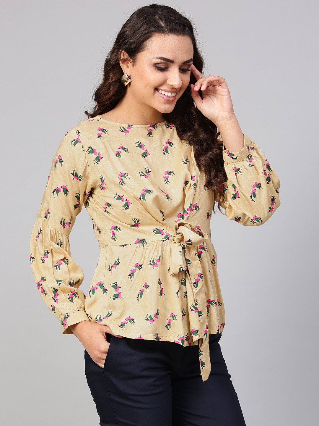 Beige Multi Colored Printed Knot style Top with Round neck | NOZ2TOZ - Made In INDIA.