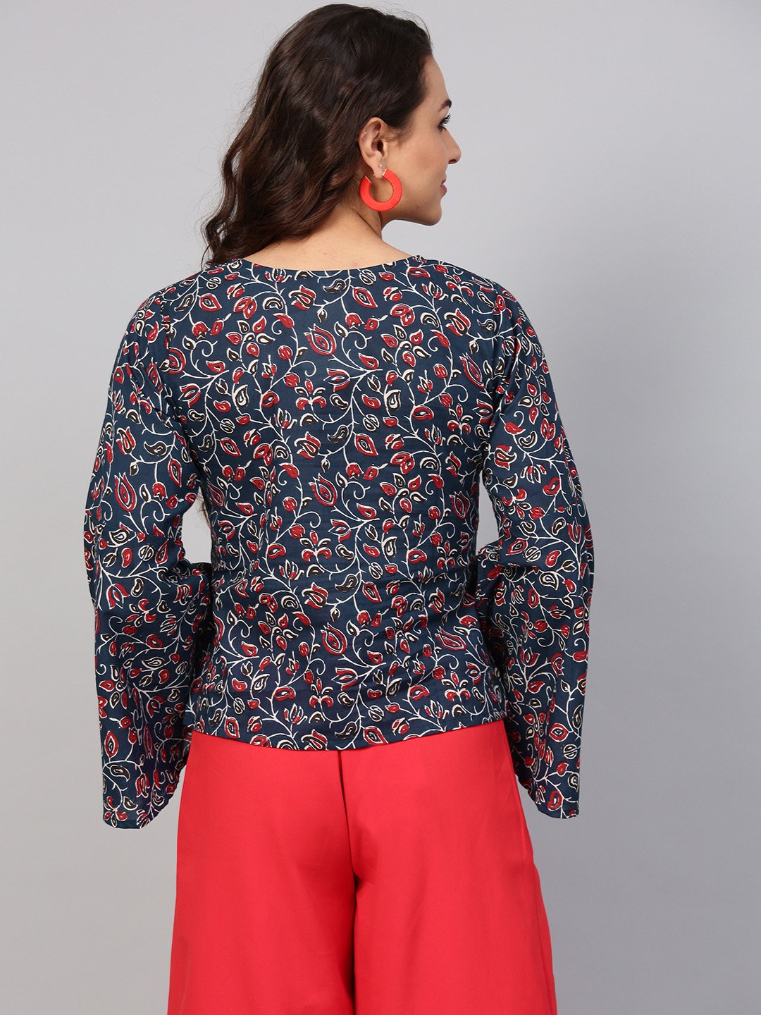 Indigo Blue Geometric Printed top with V neck & Flared sleeves | NOZ2TOZ - Made In INDIA.