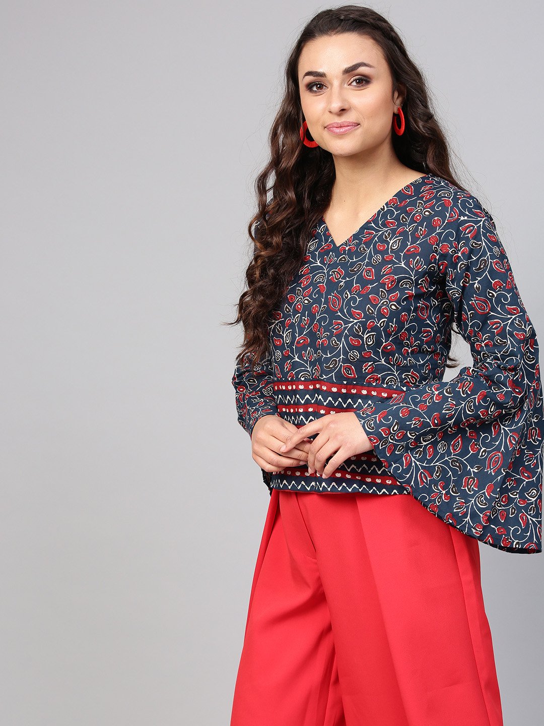 Indigo Blue Geometric Printed top with V neck & Flared sleeves | NOZ2TOZ - Made In INDIA.