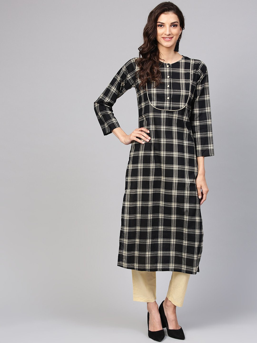 Black & Cream Checked Kurta set with Solid Cream pants | NOZ2TOZ - Made In INDIA.