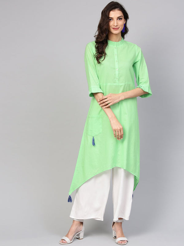 Cotton Pastel Mint green handkerchief kurta with pleated high neck & 3/4 sleeves | NOZ2TOZ - Made In INDIA.