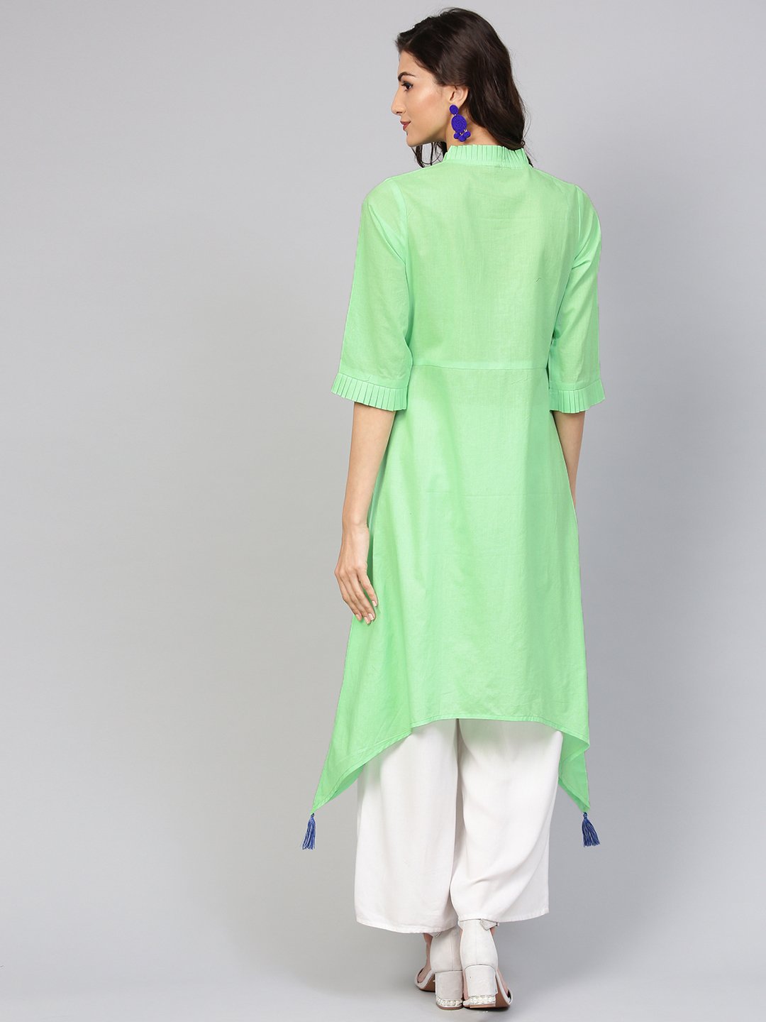 Cotton Pastel Mint green handkerchief kurta with pleated high neck & 3/4 sleeves | NOZ2TOZ - Made In INDIA.