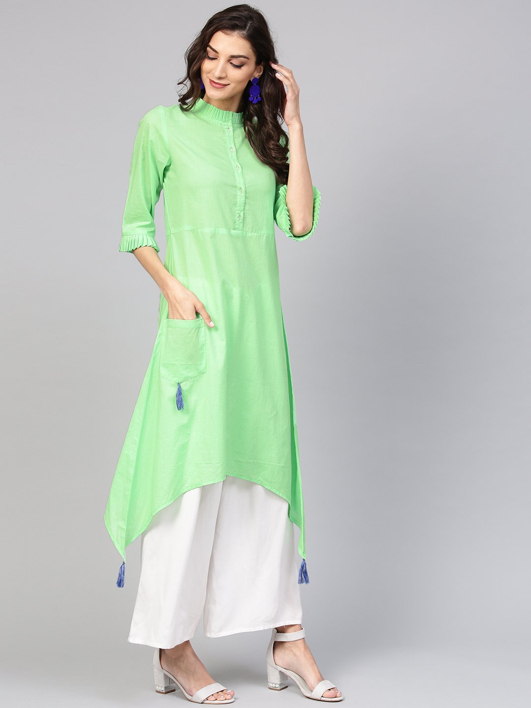 Cotton Pastel Mint green handkerchief kurta with pleated high neck & 3/4 sleeves | NOZ2TOZ - Made In INDIA.