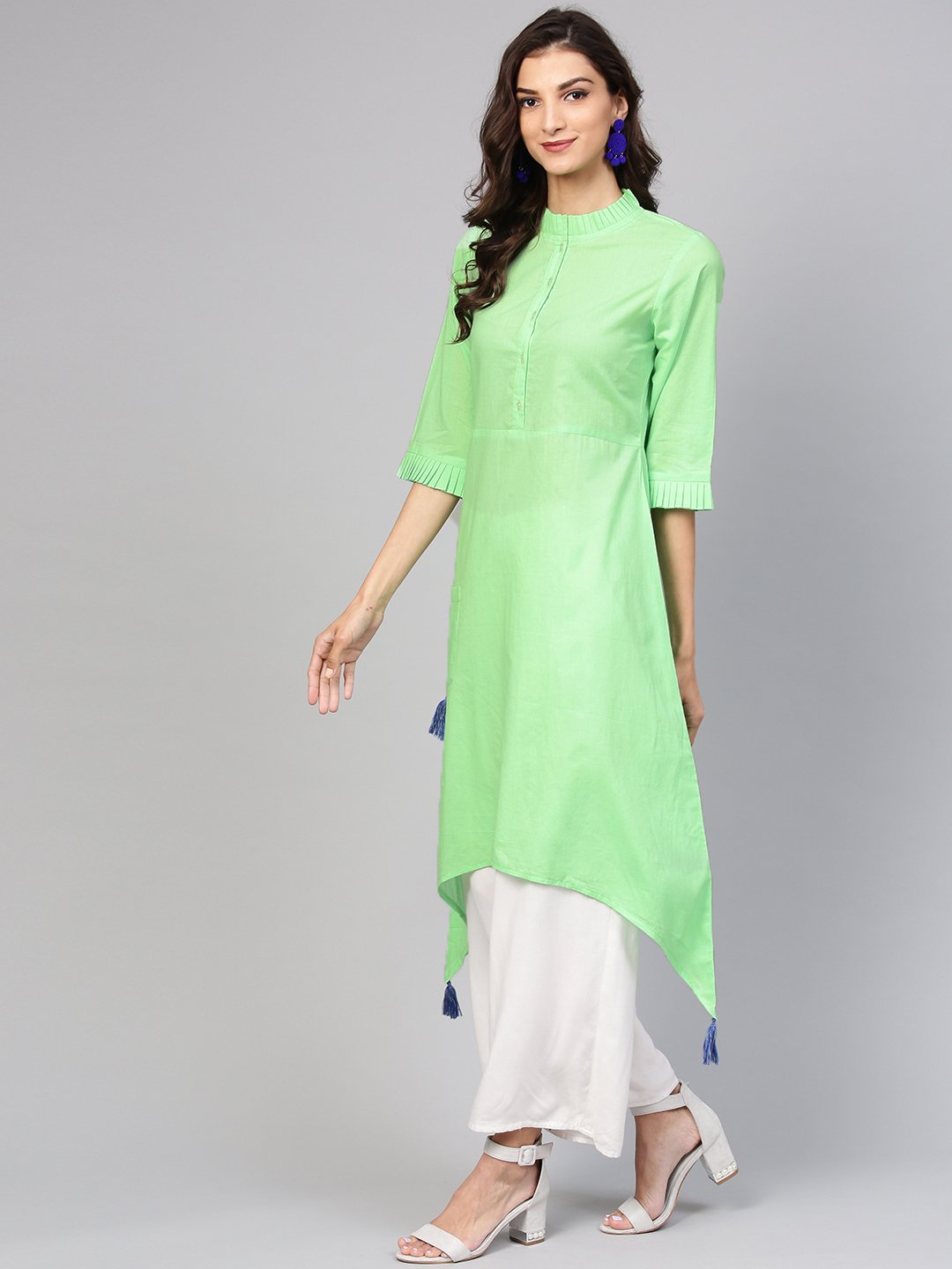 Cotton Pastel Mint green handkerchief kurta with pleated high neck & 3/4 sleeves | NOZ2TOZ - Made In INDIA.