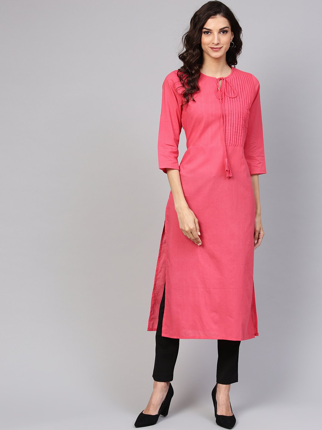 Cotton Pink Even Pleated yoke with Keyhole neckline & 3/4 sleeves | NOZ2TOZ - Made In INDIA.